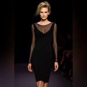 Vera Wang‎ Dress Womens 12 Black Sheer Mesh Long Sleeve Draped Neck Cocktail
